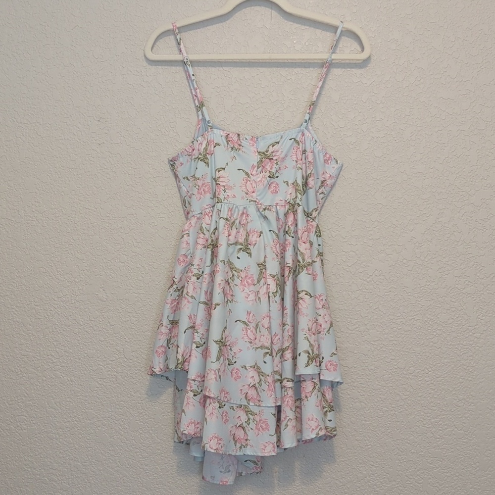 Shein MOD light blue pink ditsy floral lace up strapless mini dress - Picture 10 of 12